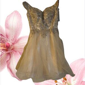 short, gold, off-the-shoulder, ruffled dress, size xs